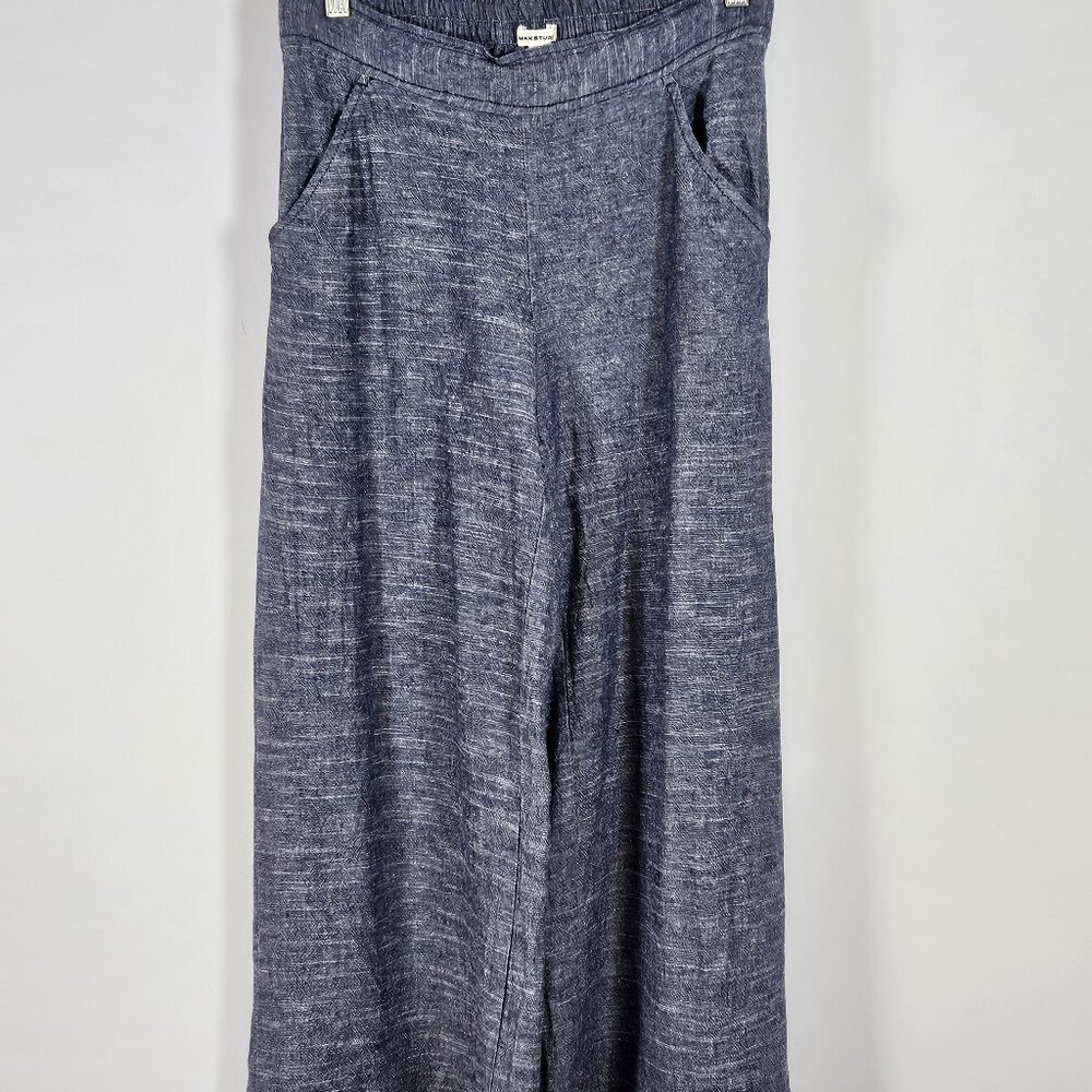 Max Studio Blue Linen Blend Wide Leg Cropped Trousers